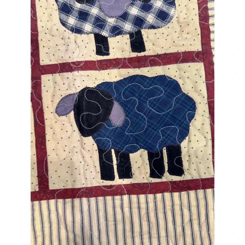 Handmade Primitive Country Sheep Quilted Wall Hanging Blue Plaid Farmhouse Decor